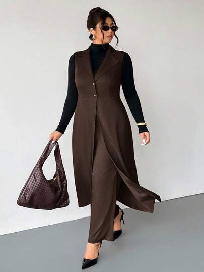 Firerie Plus Size Women Long Sleeveless Blazer Suit In Fall/Winter Brown Elegant Dress Women Dark Brown Dress Suit Dress Elegant Dresses For Women