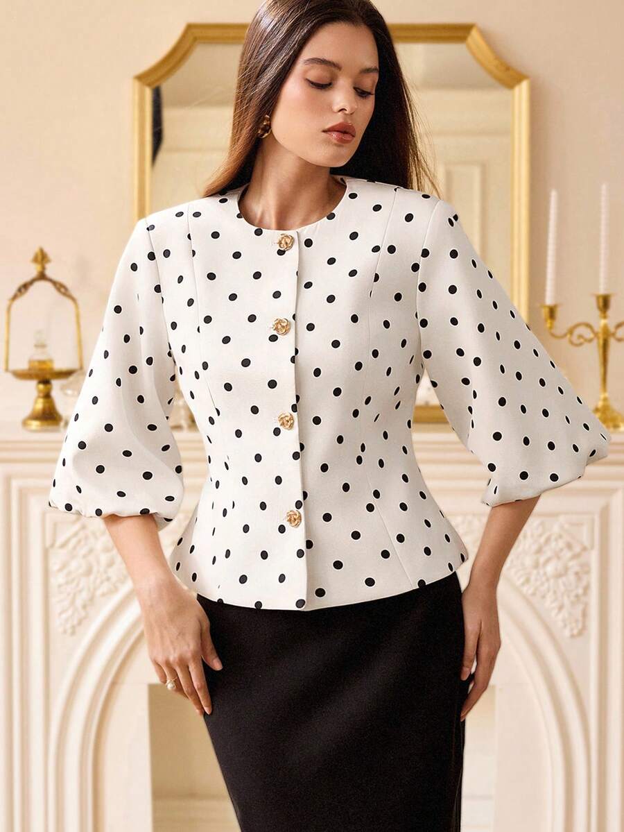 Revavyn Women's Black Polka Dot Mid-Sleeve Short Metal Buckle Cuff Blazer Jacket - White - View 1