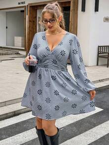 Lounesse Plus Size Women Blue Flower Dress,Long Sleeve Waist Cinched Casual Boho Puff Sleeve Dusty Blue Summer Autumn Everyday Commuter Dress - Blue - View 4