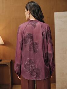 Anewsta Loose Semi-Sheer V-Neck Embroidered Long Sleeve Shirt With Colorful Sequin Detailing, Elegant Office Style For Women - Red Violet - View 4