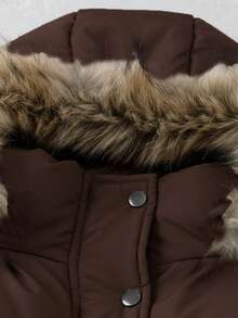 Franclia Short Front Button Hooded Padded Coat With Fur Collar, Warm Winter - Brown - View 4