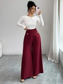 Elenzga New High Waist Wide Leg Pants With Crossover Waistband & Elegant Pearl Button Design, Versatile For Daily Wear & Commuting, Youthful & Graceful - Burgundy - View 6