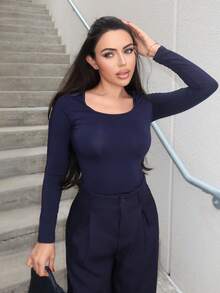 Durrani Popal Camiseta De Mujer De Primavera Con Cuello Redondo Liso - Azul Marino - Ver 5