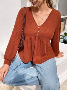 SHEIN Frenchy 大码纯色休闲长袖T恤，秋季款 - 鏽棕色 - 查看 4