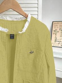 Franclia Vintage Lace Embroidered Bowknot Patchwork Round Neck Casual Jacket, Suitable For Autumn/Winter - Light Yellow - View 3
