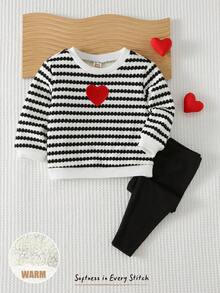 Cozy Pixies 2pcs Baby Girl Textured Striped Heart Pattern Crew Neck Long Sleeve Fleece Sweatshirt And Elastic Waist Leggings Set - Black and White - View 9