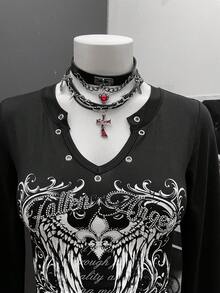 StreetHx 女款军绿色印花水钻装饰街头风 Y2K 酷炫返校休闲长袖T恤 - 黑色 - 查看 7