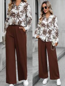 EMERY ROSE 女士印花长袖衬衫和裤子休闲两件套 - 棕色 - 查看 1