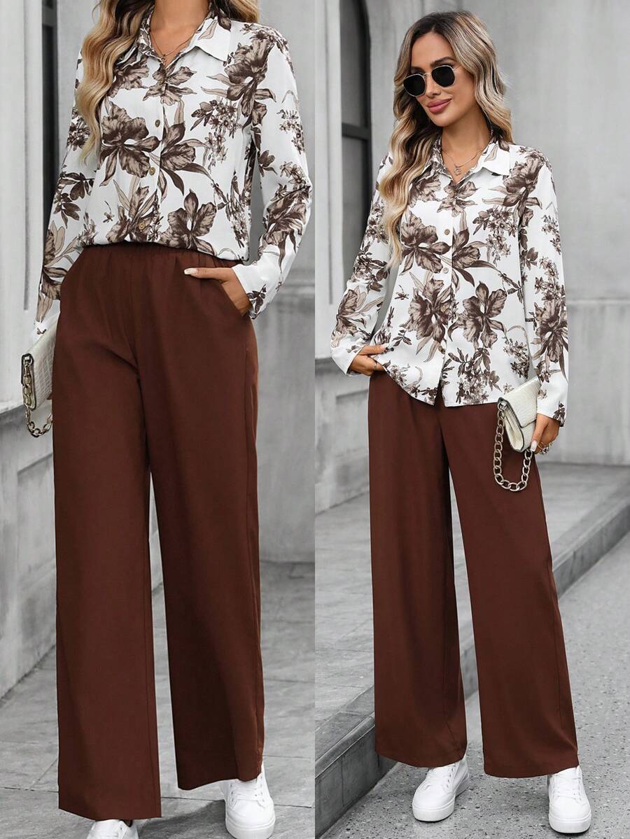 EMERY ROSE 女士印花长袖衬衫和裤子休闲两件套 - 棕色 - 查看 1