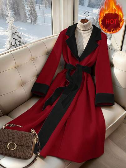 GlowEve Fashionable New Contrast Color Lapel Waist Tie Belt Elegant French Midi Overcoat For Women
