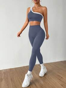 Dewbera Bộ đồ thể thao nữ liền mạch nâng mông một bên vai tập yoga co giãn cao - Xám - Xem 6