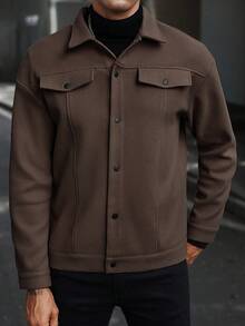Manfinity CasualCool Men's Casual Everyday Commute Simple Solid Color Zip-Up Lapel Jacket, Autumn Western Men Woolen Shacket Brown Jackets - Coffee Brown - View 5