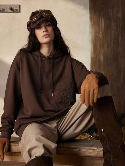 Zovinel 女式复古休闲刺绣圣诞连帽卫衣，百搭百搭，咖啡棕色，秋冬