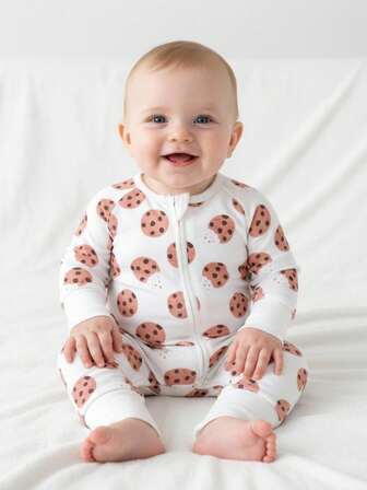 男婴饼干印花双拉链长袖连体睡衣
