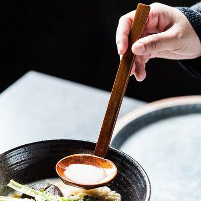 1pc Japanese Style Soup Ladle With Bamboo Handle And Nanmu Shell Spoon For Ramen And Hot Pot School Supplies,Christmas Gift,Attractive And Durable