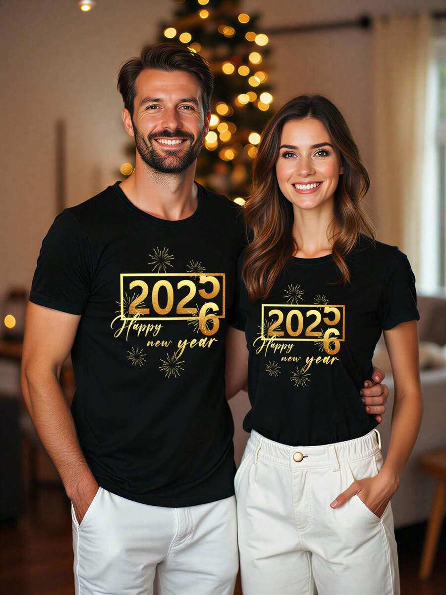 Manfinity Homme 2026新年庆祝金属金色时尚休闲印花男士标准版型短袖T恤,温馨家庭氛围亲子/情侣装 - 黑色 - 查看 1