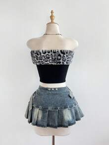 Elamini 女士豹纹抹胸上衣，Y2K风格休闲日常穿搭，撞色豹纹人造毛皮，秋冬款 - 彩色 - 查看 2