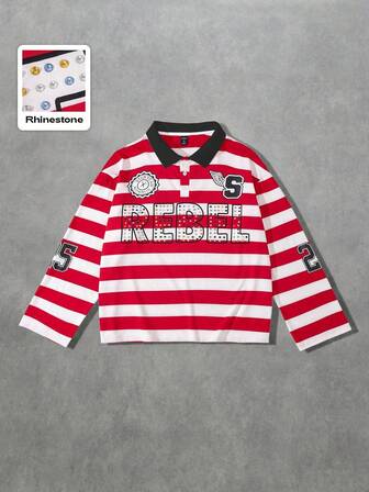 Street Life Men's Preppy Sparkling Diamond Striped Loose Fit Long Sleeve Polo Shirt