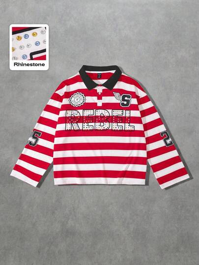 Street Life Camisa polo de manga larga con rayas y diamantes brillantes de corte holgado para hombre