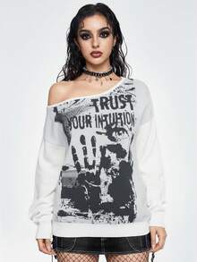 ROMWE Grunge Punk 复古音乐节派对骷髅扎染印花宽松不对称肩部女式毛衣 - 白色 - 查看 4