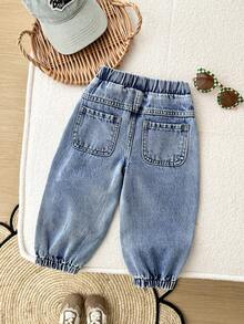 SHEIN Baby Girl Pink Cartoon Rabbit Pattern Blue Denim Loose Harem Pants,Pink And Blue,Summer,Casual,School,Fall,Winter,Fashionable Streetwear,2000s Jeans - Medium Wash - View 3