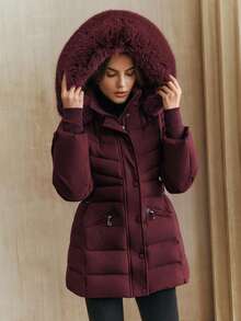 Anewsta Women's Burgundy Hooded Detachable Faux Fur Collar Cinched Waist Short Padded Coat - Burgundy - View 1