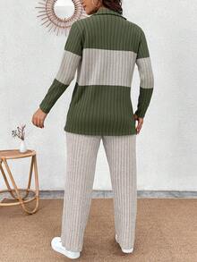 EMERY ROSE Conjunto informal de 2 piezas de camiseta de manga larga con cuello, cremallera y bloques de color de punto suave y pantalones acanalados suaves para tallas grandes - Multicolor - Ver 2
