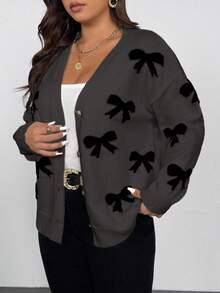 Vionelle 女士大码撞色蝴蝶结针织开衫，V领休闲宽松柔软毛衣，适合秋冬季穿着。 - 灰色 - 查看 5