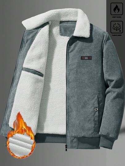 Manfinity Homme Loose Fit Men's Long Sleeve Corduroy Letter Patched Thermal Lined Jacket, Fall Winter