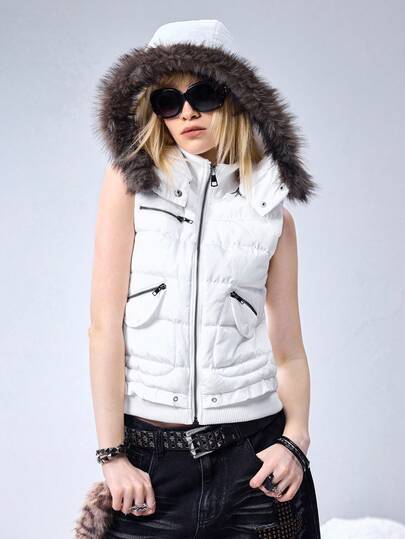 Grunge Punk Y2K Vintage Metal Grommet Design Frayed Hem Hooded Women Kpop Padded Vest Jacket