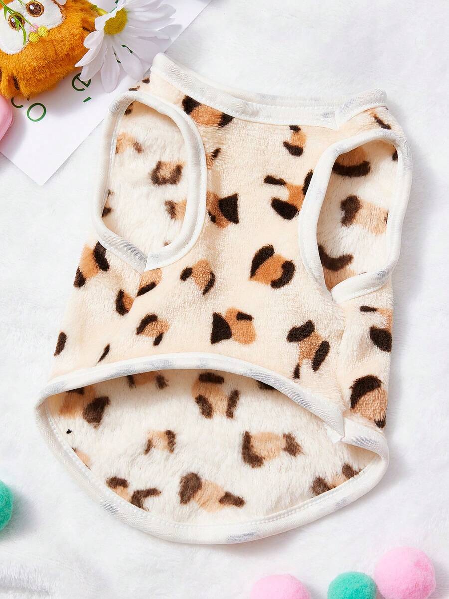 PETSIN 1件棕色豹纹狗头印花宠物背心，假日秋冬加厚法兰绒保暖宠物服装