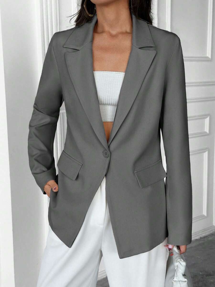 EURMUSE Women, Autumn, Jacket, Blazer, Beige, Regular Length, Regular Fit, Jersey Fabric, Slightly Elastic Fabric, Button, Fake Pocket, - Grey - View 1