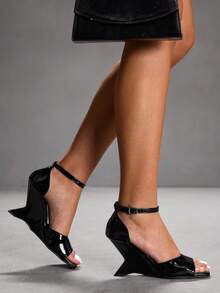 CUCCOO SZL Women's Square Toe Buckle Design Fashion Daily Wear Wedge Sandals For Christmas - Black - View 3