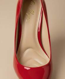 Zapatillas de tacón, tacón de aguja, charol, punta cerrada, elegantes, básicas, plantilla acolchonada, cómodas, zapatos de vestir, moda femenina, clásicos, formales - Rojo - Ver 4