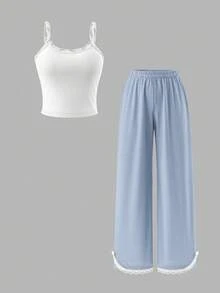 SHEIN Tall 女式夏季休闲蕾丝花边吊带背心和条纹裤两件套，返校季 - 彩色 - 查看 1