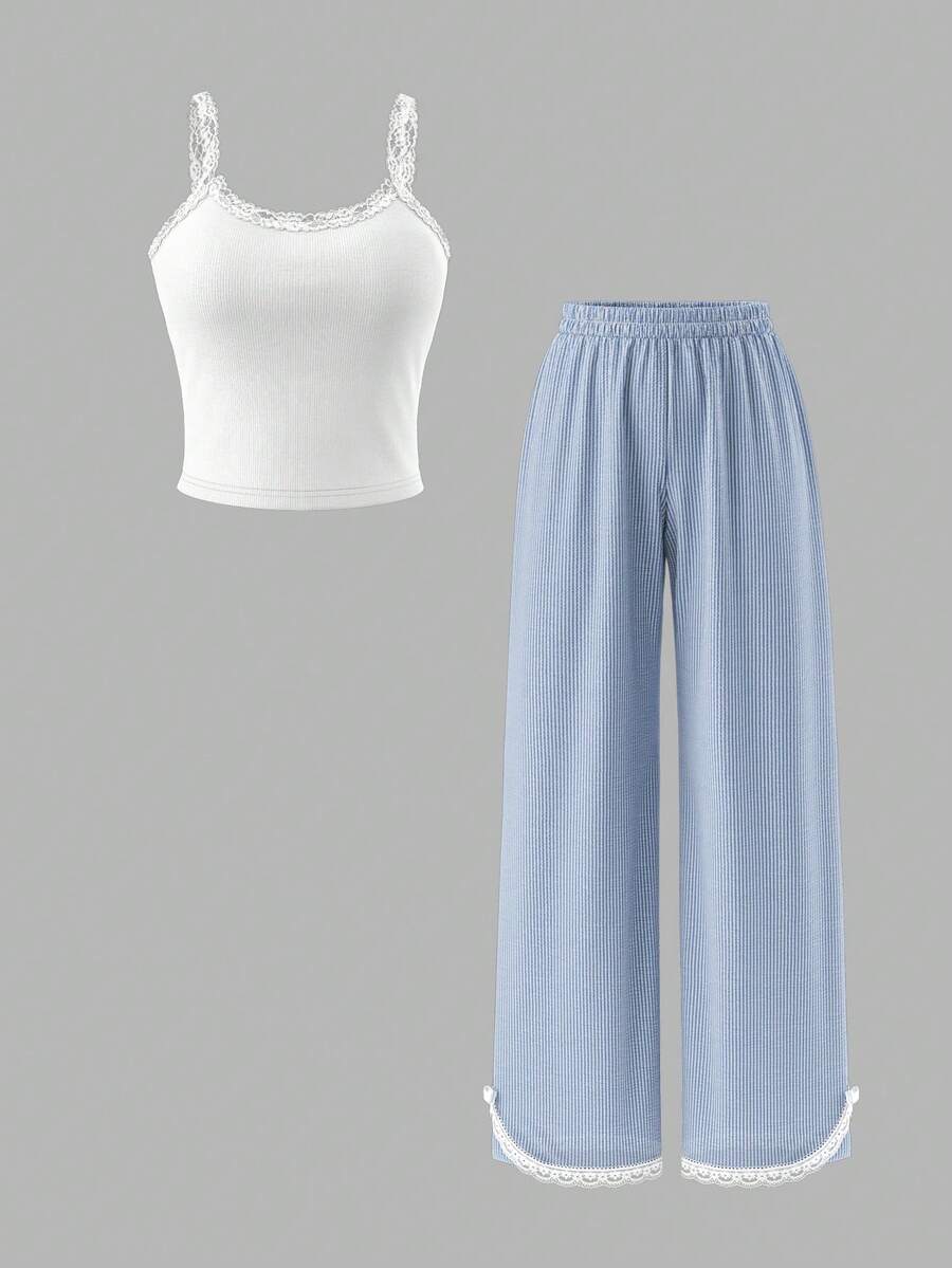 SHEIN Tall 女式夏季休闲蕾丝花边吊带背心和条纹裤两件套，返校季 - 彩色 - 查看 1