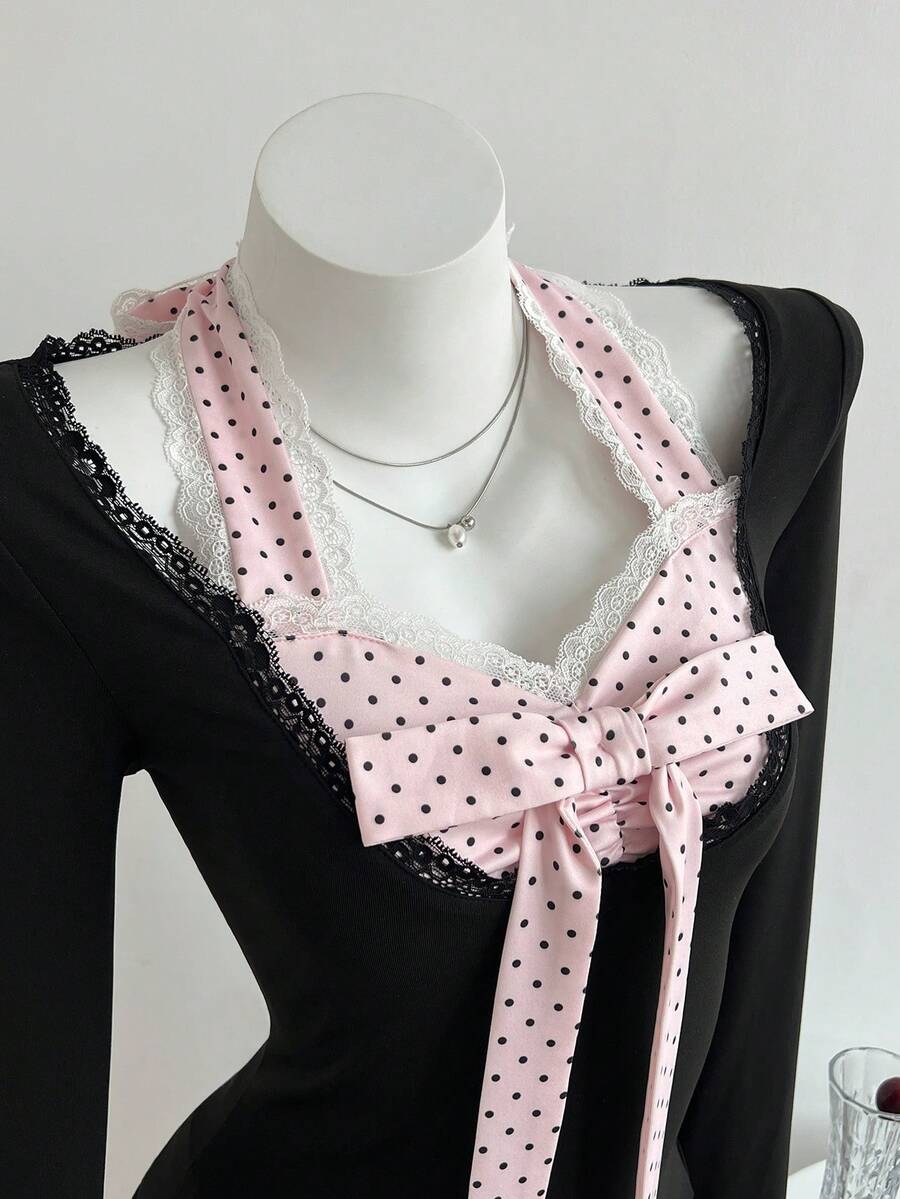 Elamini 女士撞色蝴蝶结领蕾丝拼接长袖T恤 - 黑色 - 查看 1