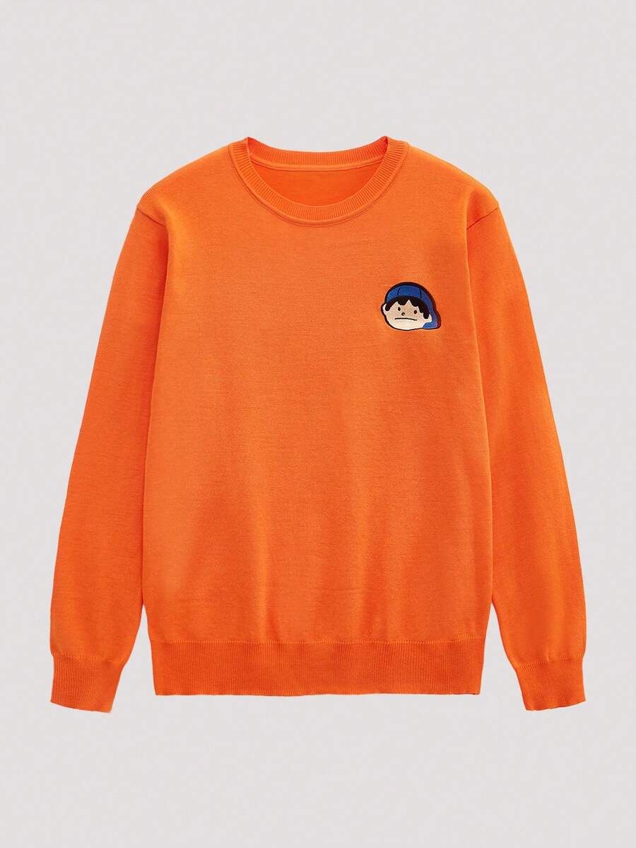 Open Phase Men's Embroidered Little Boy Pattern Crew Neck Long Sleeve Sweater, Fall Winter INS,Daily Matching, Boyfriend/Husband Gift - Orange - View 1
