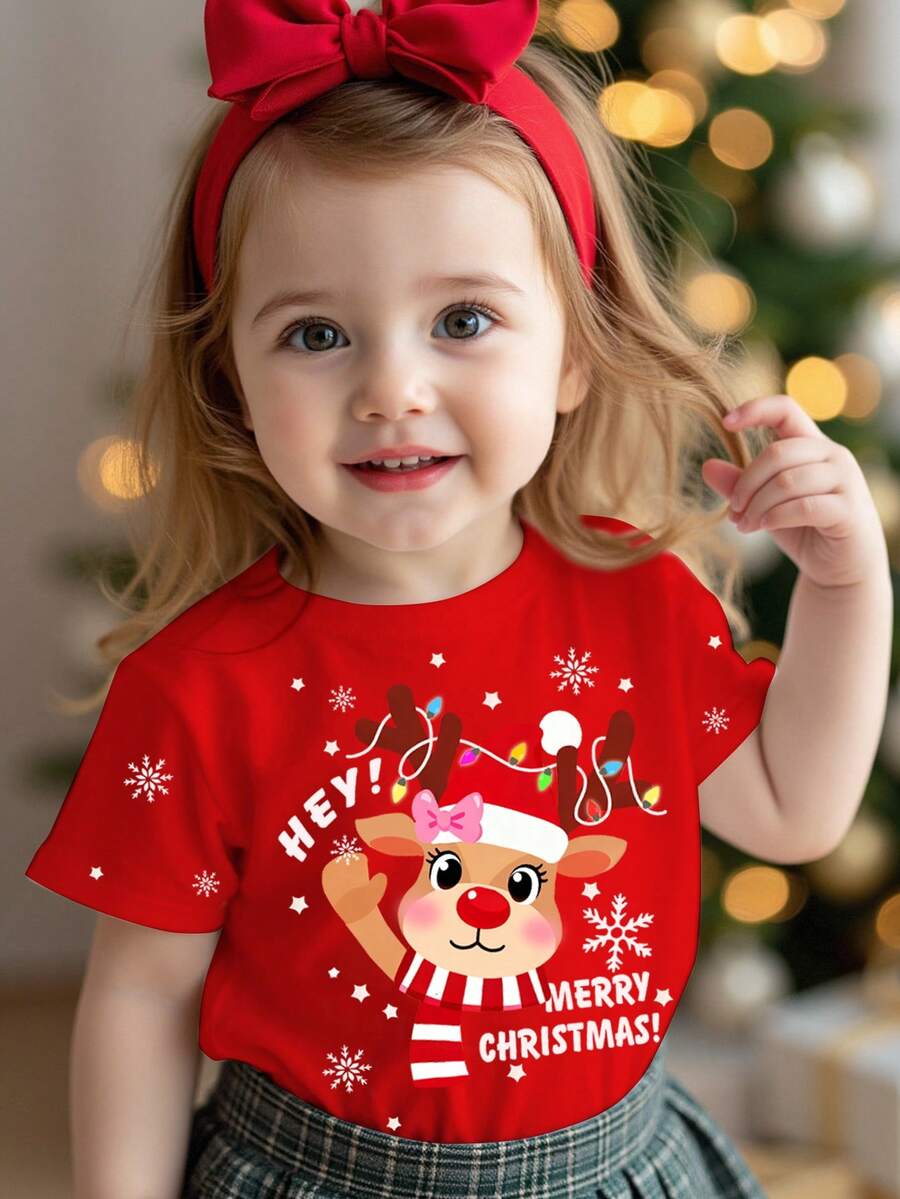 SHEIN 女婴休闲简约圣诞可爱卡通驯鹿图案短袖圆领上衣，圣诞红色节日款，适合夏季叠穿，全新假日系列 - 彩色 - 查看 1