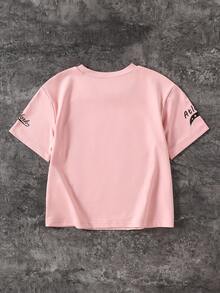 SHEIN Genkimix Kids 女童休闲运动粉色黑色字母数字印花短袖T恤，春夏秋冬款 - 淺粉色 - 查看 2