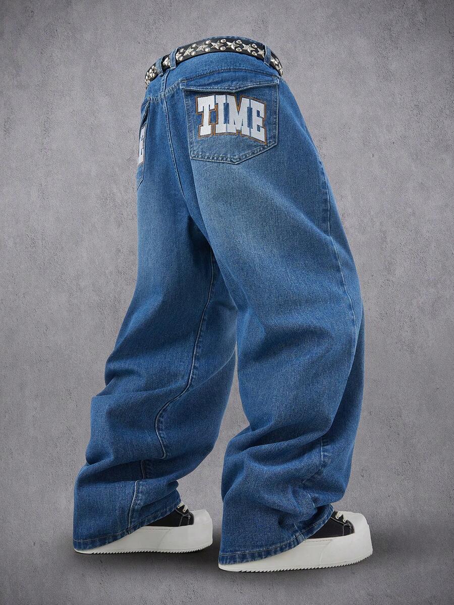 Manfinity Denimwave Autumn/Winter Streetwear Washed Blue Straight Loose Fit Embroidered Slogan Jeans Baggy Jeans Y2k