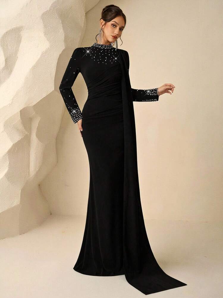 Coutiva Women's Solid Color Rhinestone Decor Simple Formal Evening Gown Dress Black Evening Gown Long Sleeve Formal Dress Black Dress Elegant Dress Modest Muslim Dress - Black - View 7