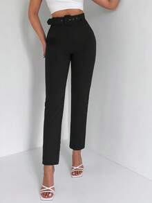 EURMUSE Solid High Waist Suit Trousers - Black - View 1