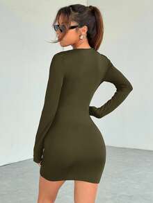 SHEIN EZwear Women's Simple Solid Color Ruched Body-Con Dress, Autumn Sexy Long Sleeve Dresslong Sleeve Black Dress Ruched Bodycon Dress Army Green Dress Women Women Long Sleeve Dress Olive Dress - Army Green - View 2