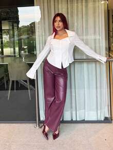 Bearsaez Pantalones rectos de piel de poliuretano color borgoña para una cita - Burdeos - Ver 6
