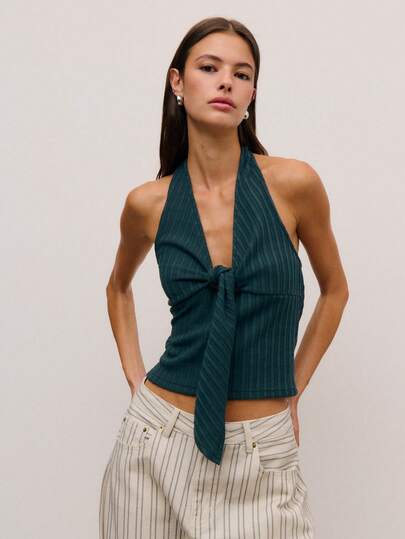 Nöista Ribbed Halter Top In Dark Green Color With A Front Tie Knot Design. With A Tie And Bow On Back. Spring, Summer, Easter