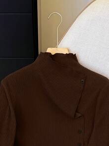 SHEIN LUNE Áo len chui đầu cổ bẻ cài nút bất đối xứng màu nâu dành cho nữ, thiết kế ôm sát lấy cảm hứng từ phong cách cổ điển, mùa thu/đông - màu nâu - Xem 4