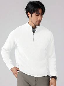 Manfinity Mode Men's Solid Color Half-Zip Casual Pullover Sweater, Men Sweat Shirts, Men White, Men Zip Up Shirt, Men Knit Tops, For Fall Winter - White - View 4