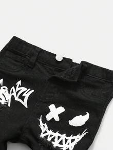 SHEIN New Vintage Baby Boys' Urban Street Cool White Graffiti Print Black Denim Jeans Fall Winter,Casual And Versatile For Fall/Winter Dailywear,Streetwear,For Christmas,New Year,Thanksgiving,Graduation,Stylish Baby Jeans,Winter - Black - View 3