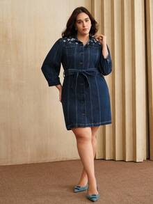Anewsta Plus Size Women's Elegant, Formal, Party, Chic, Work, Graduation, Wedding, Red Handcrafted Rhinestone Embellished Cinched Waist Casual Denim Dress - Blue - View 5